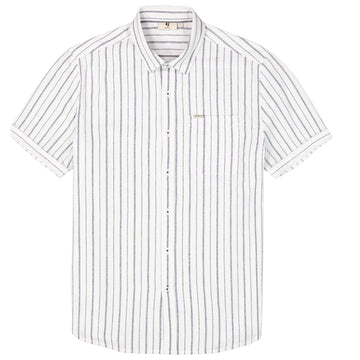 SS White Linen Shirt w/ navy stripe